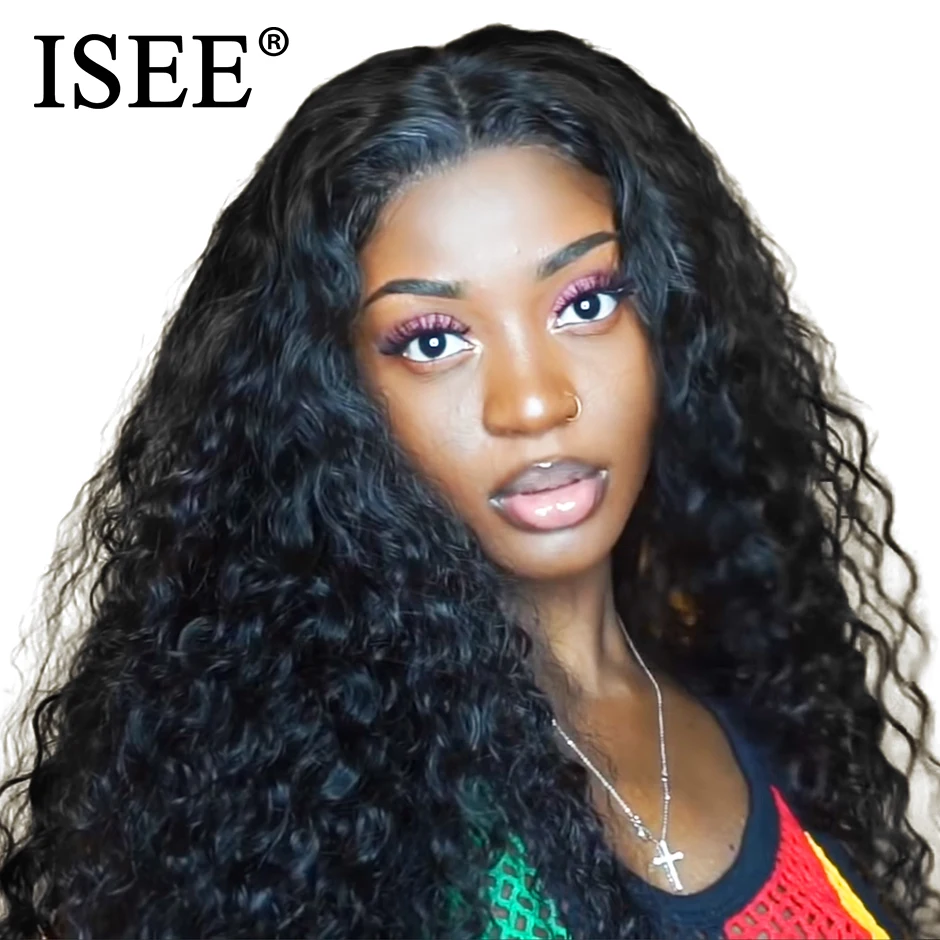 Comprar Pelucas de cabello humano con encaje frontal de onda de agua para mujeres negras 13X4 pelucas de cabello ISEE pelucas de cabello humano brasileño de densidad Remy 130% 150% 180%