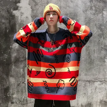 

Male Women Streetwear Hip Hop Low Shoulder Knitted Sweater Men's Autumn Winter New Stripe Casual Loose Pullover Sweater
