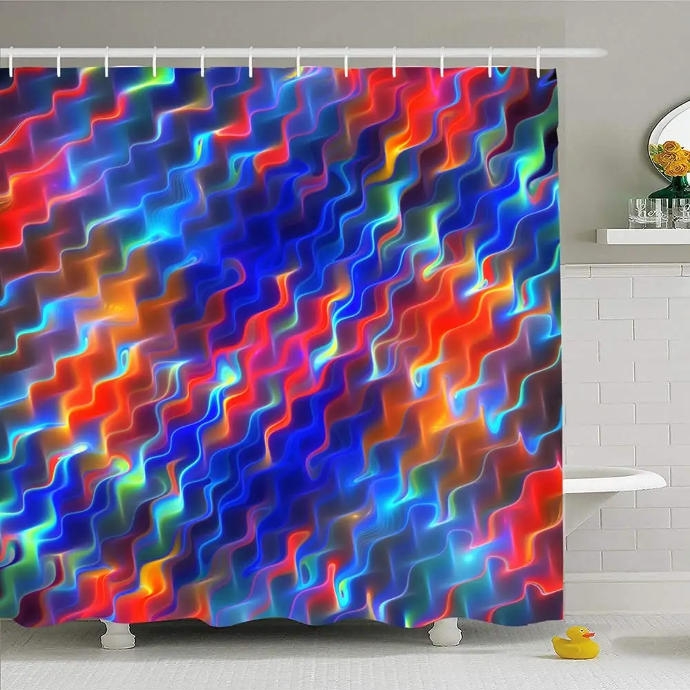 

Shower Curtain Set with Hooks 60x72 Mosaic Abstract Turquoise Digital Red Luminescent Green Bloody Blue Fusion Wavy Textures
