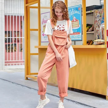 

Candy Color Suspender Denim Jumpsuits Pants Women 2019 College style Casual Streetwear Ladies Jeans Overalls Pants With Pocket