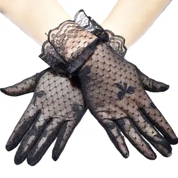 

Women Sheer Plaid Mesh Short Gloves Ruffles Floral Lace Trim Bowknot Jacquard Sunscreen Driving Wrist Length Mittens