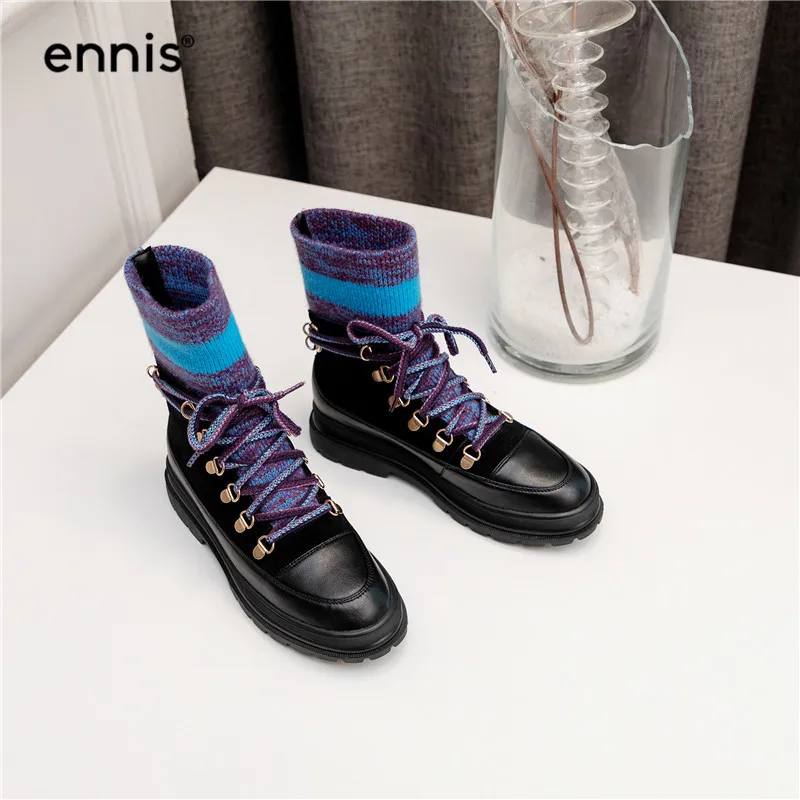 ENNIS/Ботинки martin из натуральной кожи; женские ботинки на шнуровке; замшевые ботинки с толстой плоской подошвой; зимняя теплая обувь; цвет черный, бежевый; A9371
