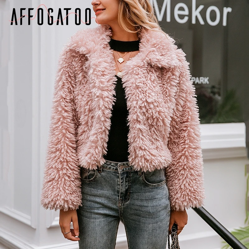 

Affogatoo Casual loose fake fur warm overcoat women Autumn winter long sleeve female red coat Ladies elegant solid lapel outwear