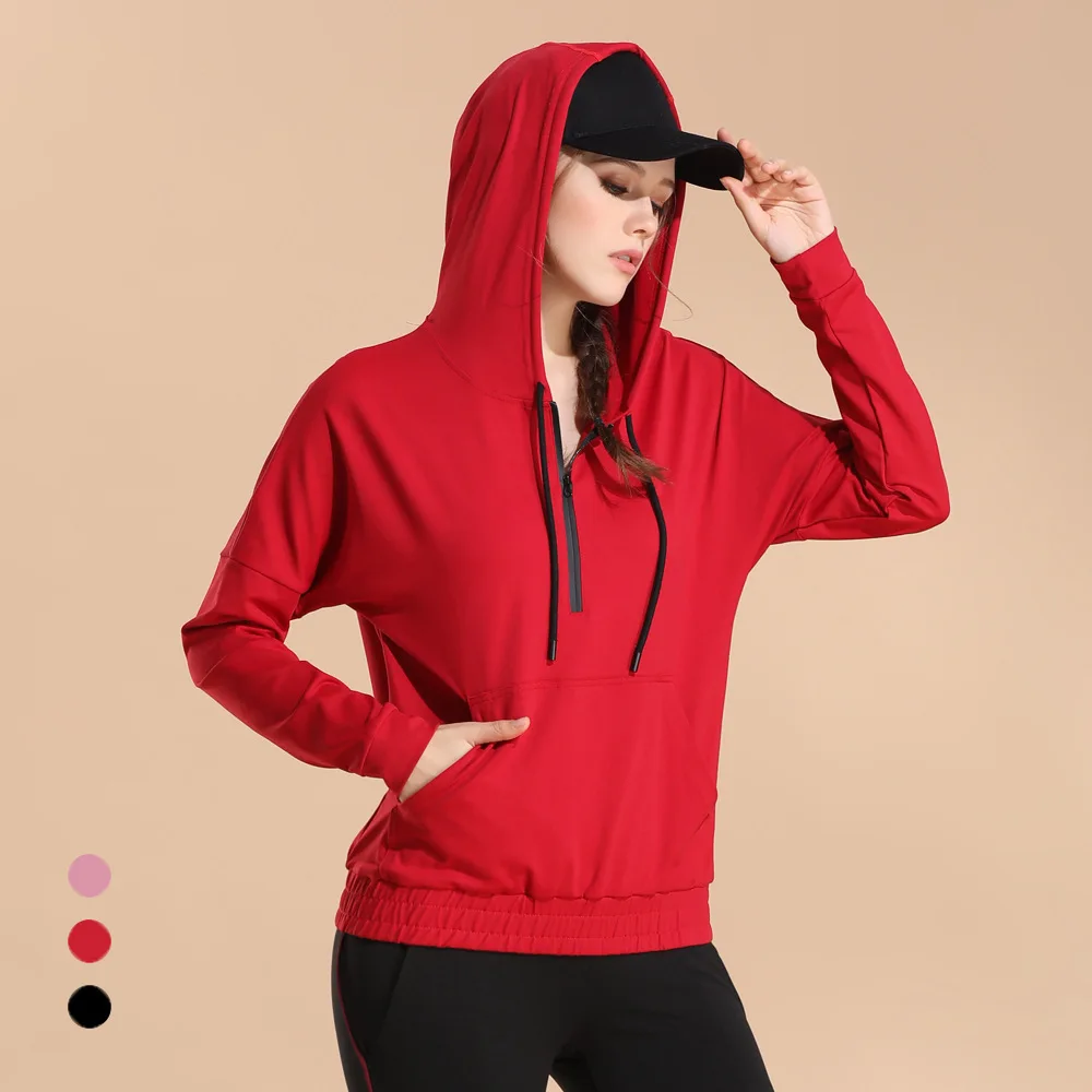 ใหม่ Hooded Tops ผู้หญิงโยคะเสื้อออกกำลังกาย Breathable กระเป๋าผู้หญิง