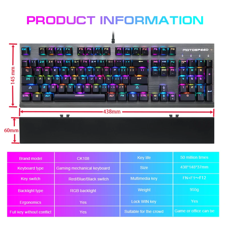 Teclas com Fio Teclado a Laser com o Resto da Mão para Computador Motovelocidade Gaming Teclado Mecânico 104 Rgb Backlit Portátil Computador Gamer Ck108 - Imagem 6