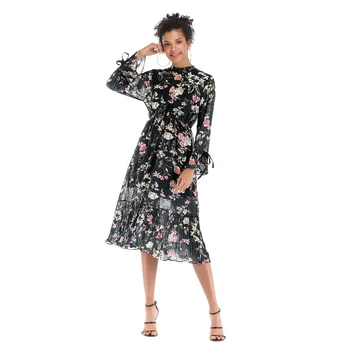 

5908 WOMEN'S Dress Long Sleeve Lace-up Chiffon Skirt Medium-length Big Hemline Floral Dress 2020 New