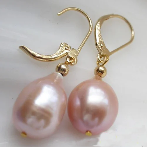 New Arrival Unique Pearl Jewelry Huge 15mm Pink Baroque Freshwater Pearl Dangle Earring 14k-20 Gold Hook Charming Women Gift 2
