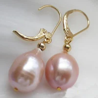 New Arrival Unique Pearl Jewelry Huge 15mm Pink Baroque Freshwater Pearl Dangle Earring 14k-20 Gold Hook Charming Women Gift 2