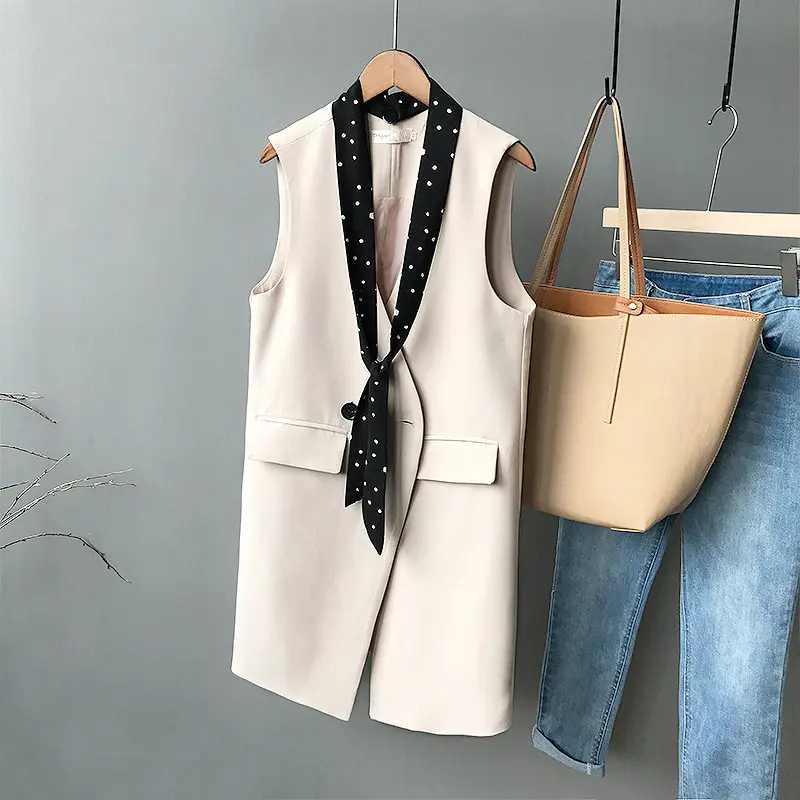 apricot color Костюм жилет женский без рукавов элегантная длинная куртка-жилет женский Colete Feminino черный Блейзер жилет офисное пальто женский жилет C5597 - Цвет: apricot color