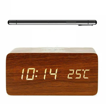 

Modern Style Led Voice Control Digital Alarm Clock Wooden Mute Dual Power Supply USB Line English Manual Date Display