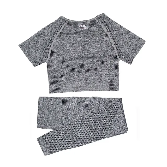 2/3/5PCS Women Sportswear Yoga Set Gym Clothing Tracksuit Long Sleeve Crop Top High Waist Seamless Leggings Fitness Sports Suits Short gray