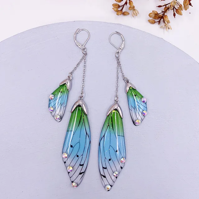 Fairy Resin Butterfly Earrings for Women Shining Crystal Flake Double Wing Long Drop Earrings Ladies Wedding Party Jewelry 2020 Silver-Green