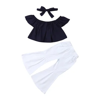 

3Pcs Newborn Baby Girls Clothes Set Fashion Kids Cold Shoulder T shirt + Soild Pants + Headband Tops Summer Outfit