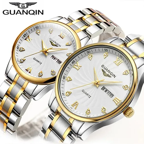 GUANQIN, парные часы, набор, роскошный алмаз,, мужские, женские, наручные часы, нержавеющая сталь, кварцевые часы, reloj pareja hombre y mujer - Цвет: white gold white
