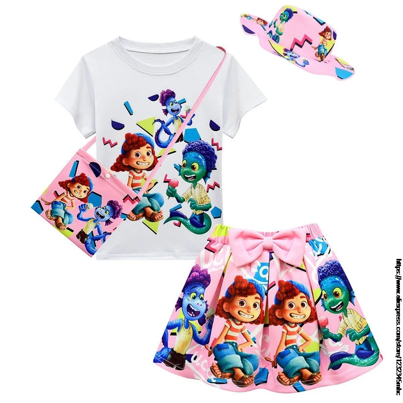 Hot Girls Clothes Set Summer New Movie Luca Manica Corta Top Bow Cartoon Skirt Bag + Hat 4 Piece Kids Abbigliamento Per Bambini Suit