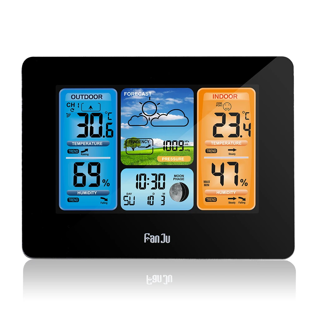 FanJu, цифровой термометр, гигрометр, метеостанция, беспроводной датчик, погода, температура, часы, настенный стол, будильник - Цвет: Black with fanju