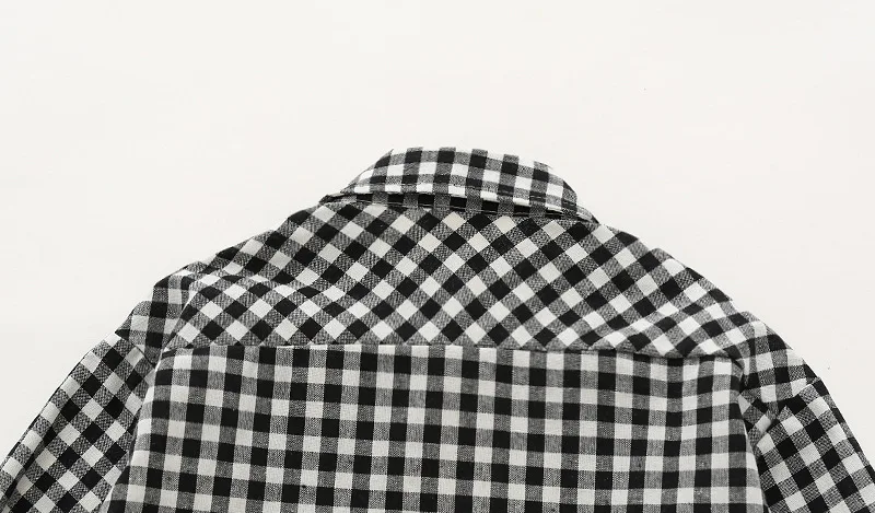 Autumn New Style Girls Black And White Lattices Coat Japanese-style Fold-down Collar Mid-length Tops Fashion Small CHILDREN'S Pu