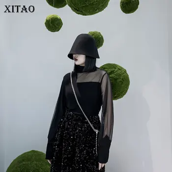 

XITAO Sexy Half Perspective Women T Shirt Long Sleeve Turtleneck Stitching Mesh Tshirt Tend Tee Fashion Streetwear Tops XJ3519