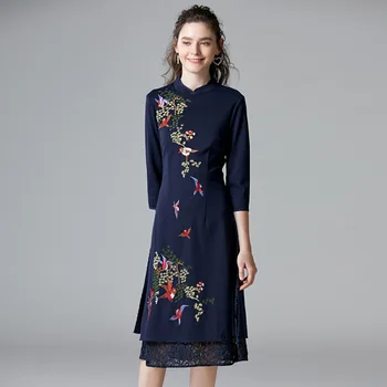 

2020 Women Spring Autumn New Chinese Style Retro Embroidery Improve Cheongsam Dress Elegant Knee Length Midi Dress Big Size