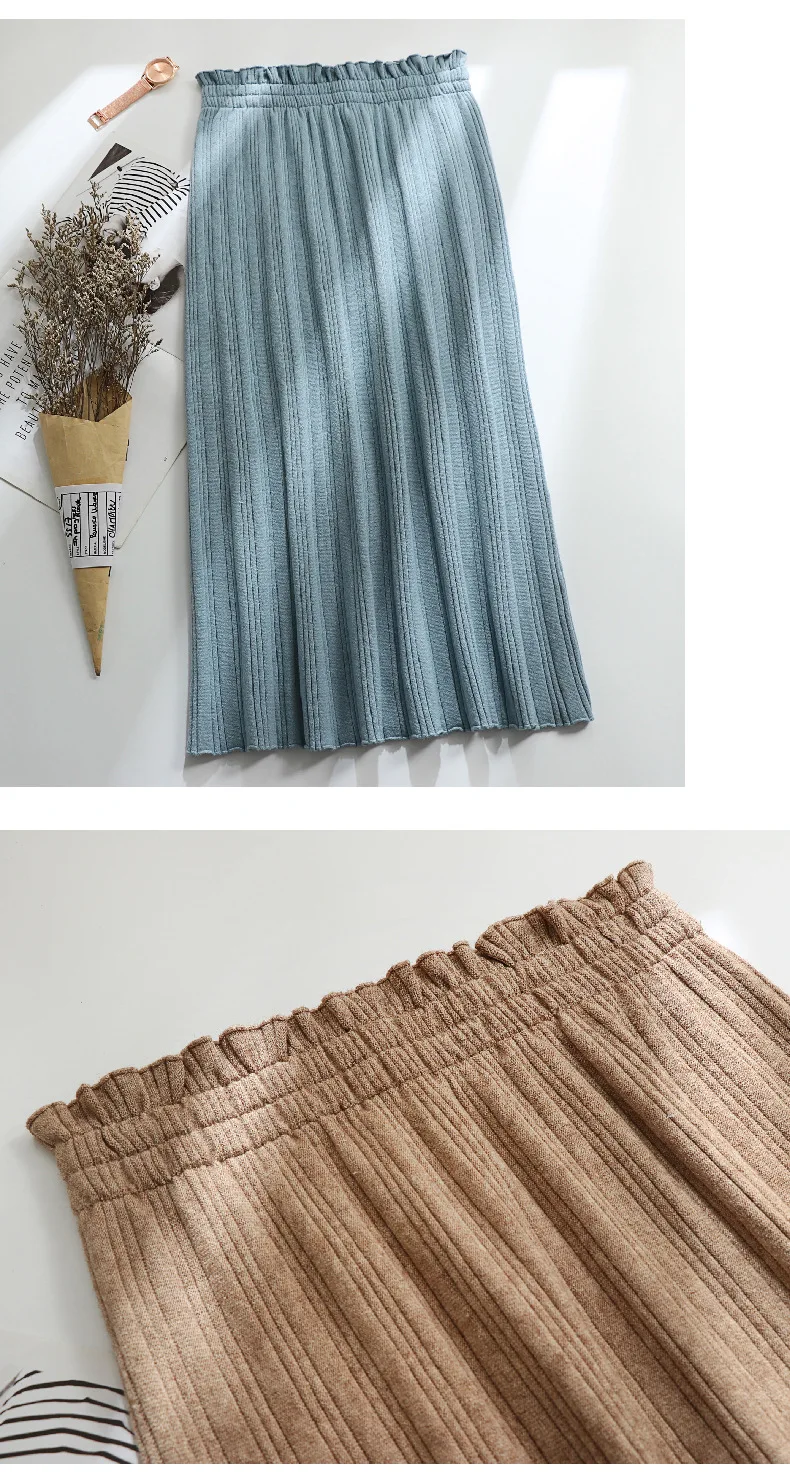 Зимняя длинная юбка из кашемира с высокой талией, вязаный край, Однотонная синяя/бордовая теплая трапециевидная длинная юбка