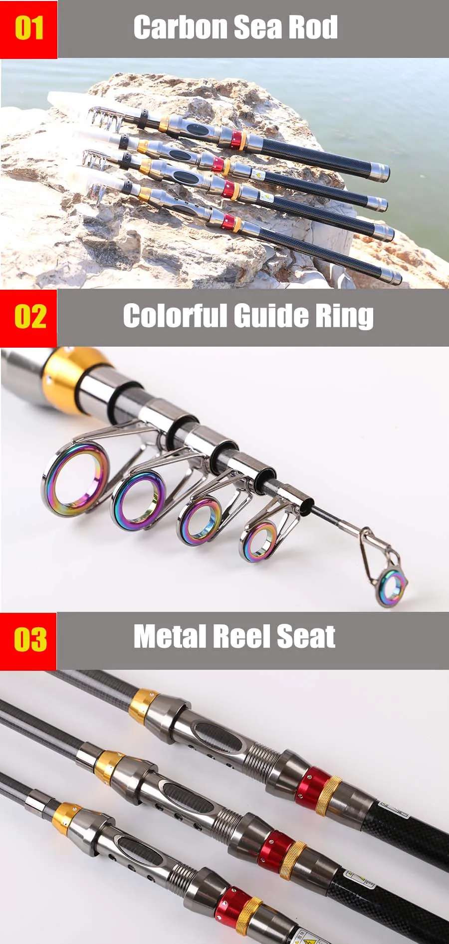 Carbon Fiber 1M8-3M6 Saltwate Ultra Light Telescopic Fishing Rod Carbon Spinning Pole Sea Surf Fishing Stick Colorful Ring