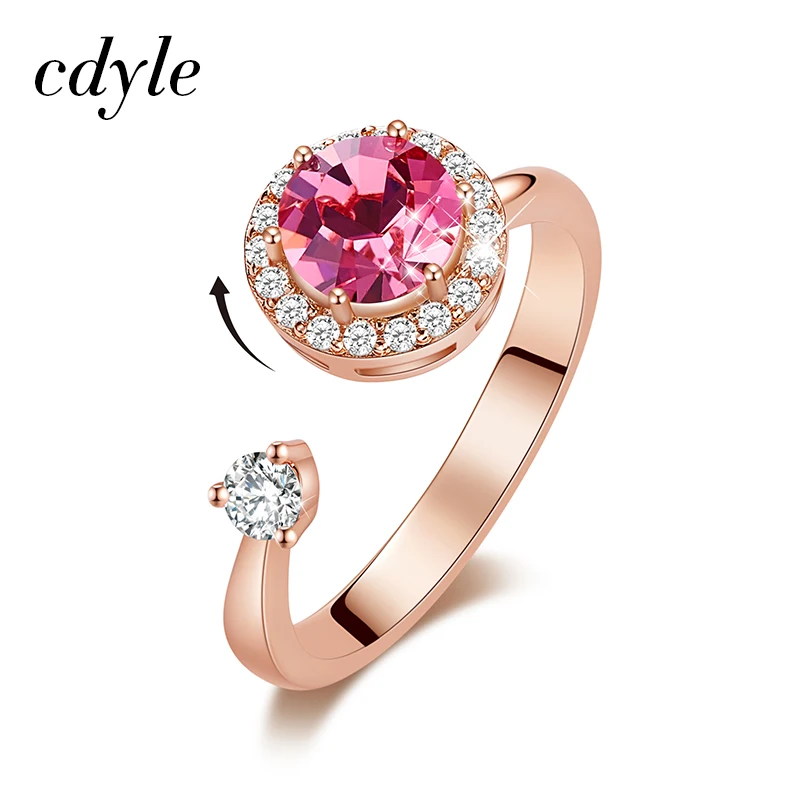 

Cdyle Simple Fashion Pink Crystal Rotating 12 Color Open Size Rings Gifts for Women Ladies Finger Jewelry Accessories