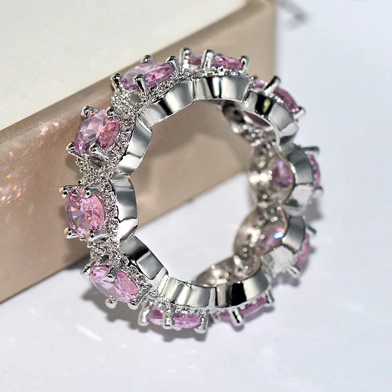 Большое серебряное круглое кольцо с белым розовый камень для женщин Свадебная Модная бижутерия для помолвки Новинка 925 серебро
