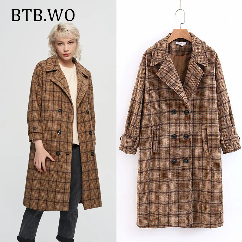 Women Winter Fashion Thicken Warm Loose Outerwear Vintage Plaid Long Coats Ladies Khaki Double Button Slim Tweed Jackets