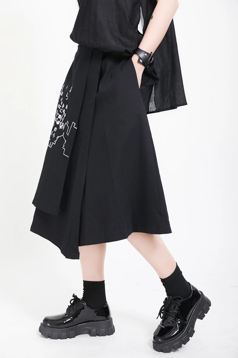 [EAM] High Elastic Waist Black Pattern Printed Irregular Half-body Skirt Women Fashion Tide New Spring Autumn 2020 1X349