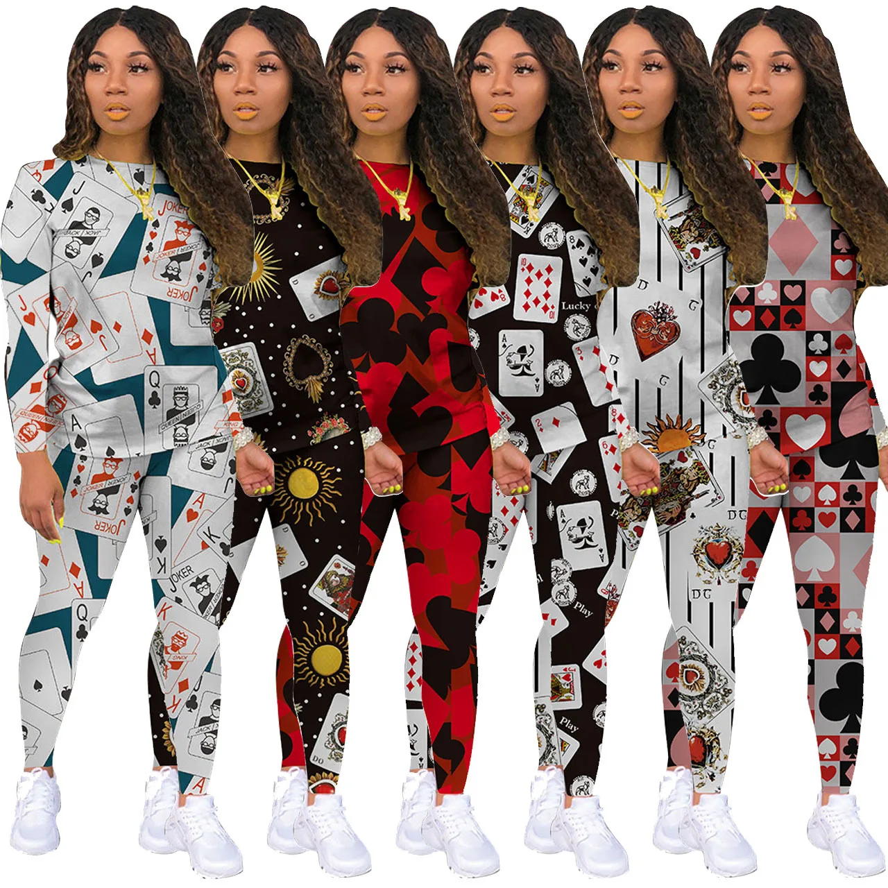 

2020 Autumn Women Suit Hot Style Model Poker Pattern Print Long Sleeve Trousers European And American Casual Two Piece Set