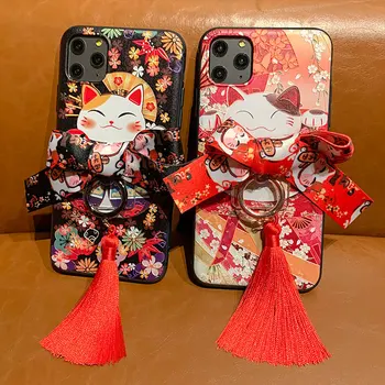 

Cute 3D Emboss Lucky Cat phone Case for iPhone X XS XR 11 Pro Max Ring holder Set Ladies Soft Cover for 6 7 8Plus Lucky bag Capa
