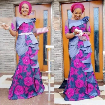 

Woman African Fashion Dress Elegant Bazin Riche Floral Tail Maxi Short Sleeve Layered Africa Lady Party Evening Dresses