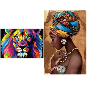 

2 Set 5D Diy Diamond Painting Embroidery Cross Stitch - "African Woman" Square Diamond & "Colorful Lion" Round Diamond