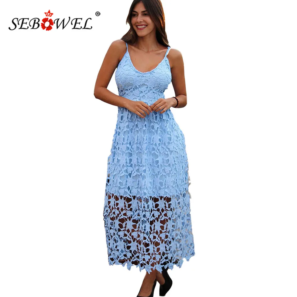 SEBOWEL Summer Light Blue Sleeveless V-Neck Lace Overlay Midi Dresses Woman Night Club Female Spaghetti Strap Hollow Out Dress | Женская