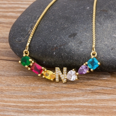 New Design Luxury Initial Alphabet A-Z Letters Charm Rainbow Pendant Necklace Copper Zirconia Choker Family Jewelry Gift