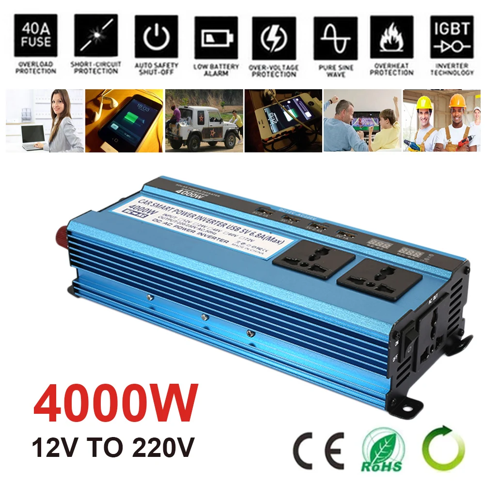 DC12V к AC220V Автомобильный Инвертор Трансформатор внешний преобразователь высокоэффективный автомобильный 1600 Вт пик солнечной энергии инвертор