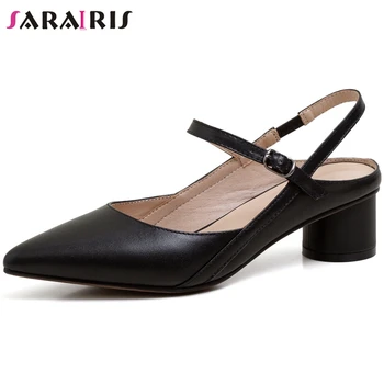 

SARAIRIS New Female OL Genuine Leather Sandals Casual Sweet Med Heels Date Sandals Women Summer Sexy Shallow Date Shoes Woman