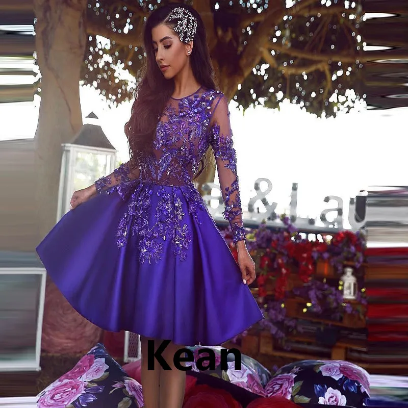 

Illusion Homecoming Dresses Full Sleeve Lace A-Line Above Knee, mini vetidos Elegant Purple Cocktail Dresses