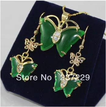 

Wholesale price ^^^^Pretty 18KGP butterfly green stone pendant Necklace earrings Set