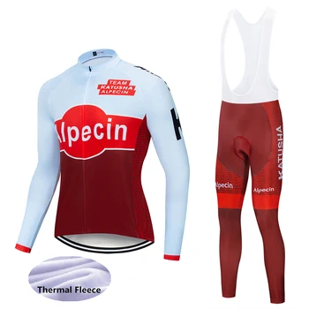 

2019 KATUSHA long sleeve Winter Thermal Fleece cycling jersey set outdoor sport ropa ciclismo bike Wear 19D gel pad