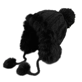 

100% Rabbit Fur Knit Winter Bomber Hat For Women Solid Color Cute Ear Flaps Masks Soft Warm Skiing Caps Femme Crochet Hat Women