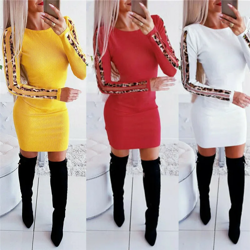 

Autumn Solid Color Bodycon Mini Dress Casual Sexy O-Neck Long Sleeve Women Elegant Winter Slim Fashion Dresses Thin Dress 2019