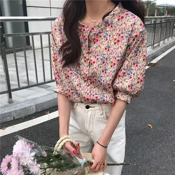 

COIGARSAM Half Sleeve Shirt Womens tops New Chiffon Print Women shirts 8608A