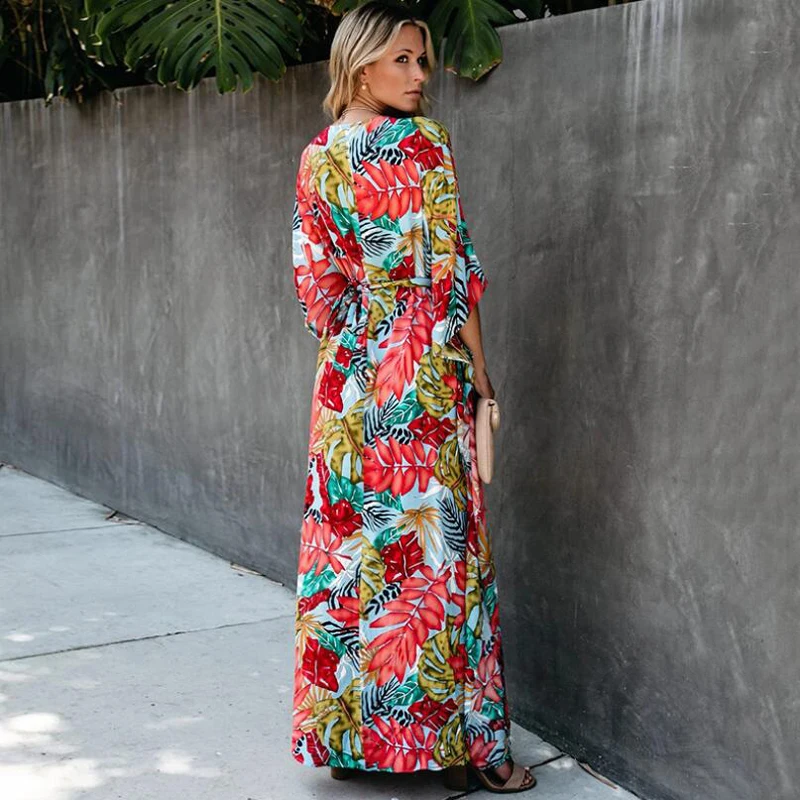 Brazilian Print Chiffon Robe Kaftan Beach Cover Up Swimsuit Long Sleeve Swimwear Women Bathing Suit Ladies Sarong Beachwear