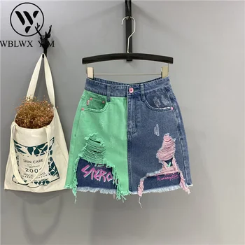 

Fashion Patchwork Denim Skirt Women Summer High waist Hole Mini Skirt Female Pocket Loose Plus size A-Line Jeans Short Skirts