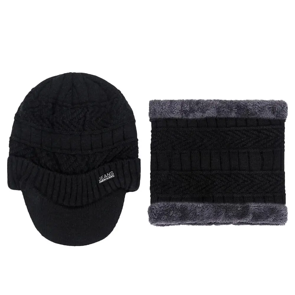 Зимняя теплая утолщенная шапка и плюс плюшевый шарф теплый шейный Двухсекционный вязаный ветрозащитный повседневный головной убор зимние аксессуары шапка - Цвет: Black A