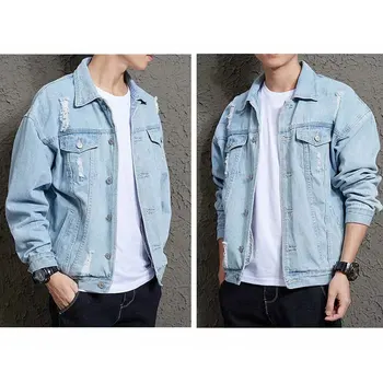 

Korean Spring Men's Denim Jacket Hole Handsome Couple Jacket Jacket Japanese Loose Student Denim Jacket