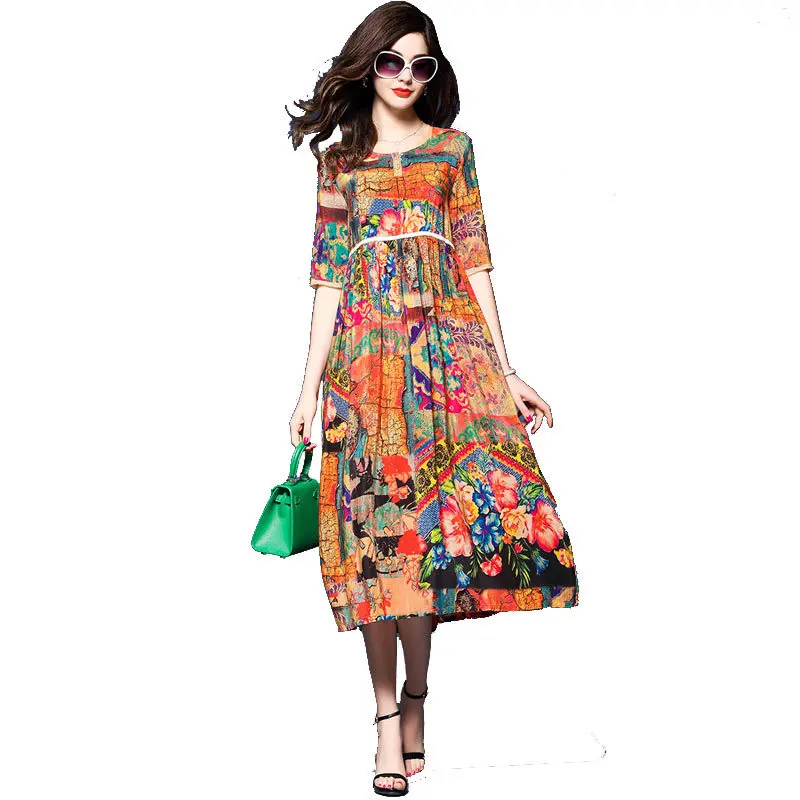 

spring and summer new women round neck loose large size temperament was thin printed chiffon dress wj001