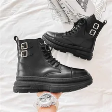 

Fashion Men's Black Classic Martin Boots Autumn Man Leather Booties High Top Lace Up Non-slip Males Motorcycles Boots Platform