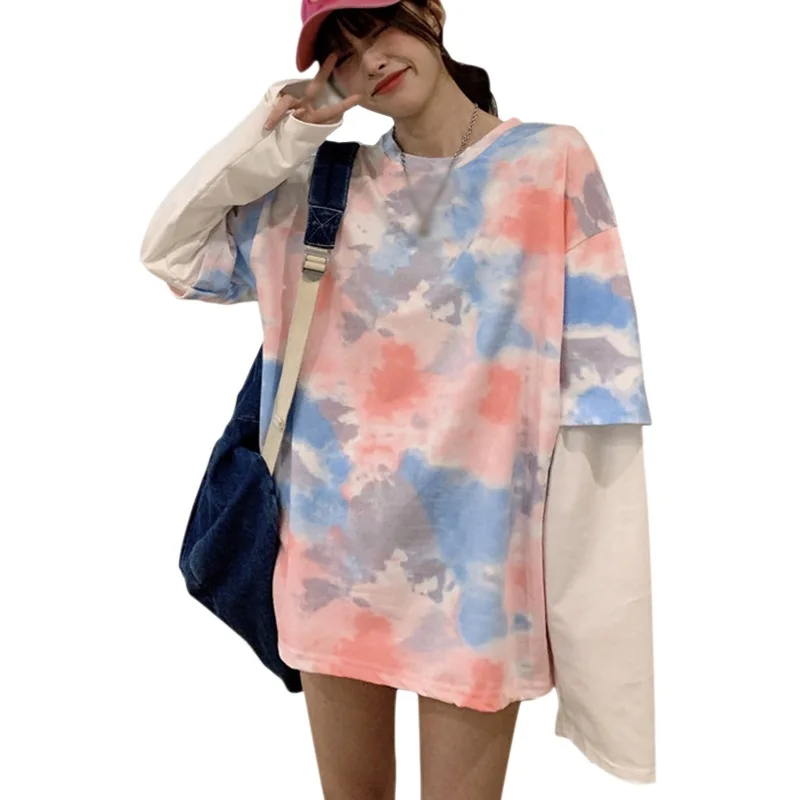 

Spring / Autumn Korean Version Of Loose Plus-Size Women's Tie-Dye Fake Two Sets Of Long Sleeve T-Shirt Fashion Casual Shirt Size